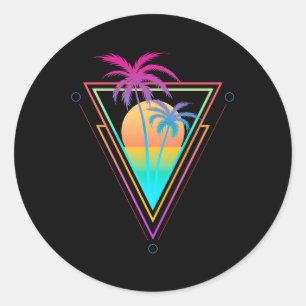 1980S 1990S Vaporwave Palm Trees Beach Surf Classic Round Sticker