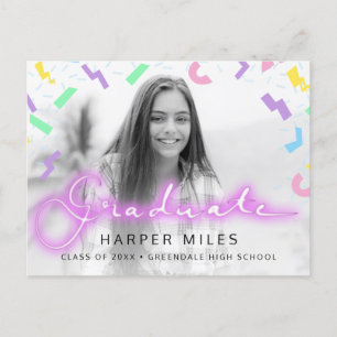 1980s neon script and pattern graduation photo postcard