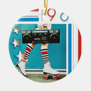 1980's Retro Boom Box and Roller Skates Design Ceramic Ornament