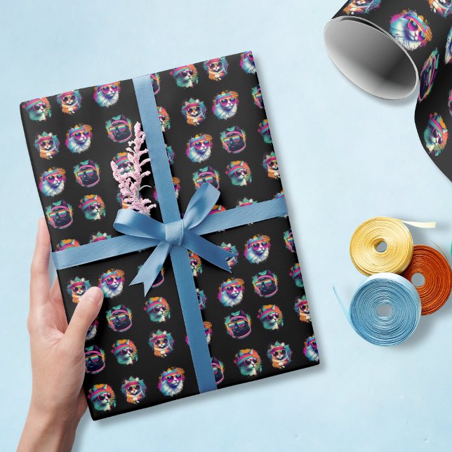 1980s Retro Cool Cats with Sunglasses Black Wrapping Paper (Funny retro cat wrapping paper is cool, colorful, and good any time of year!)