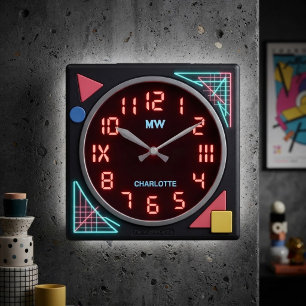 1980s Retro LED Digital Memphis Neon Square Wall Clock