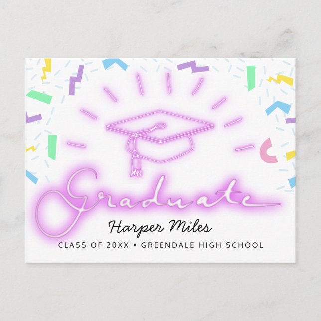 1980s retro pink neon graduation hat postcard (Front)
