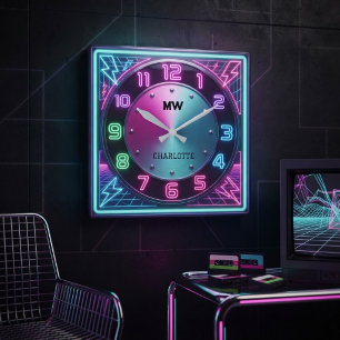 1980s Synthwave Neon Retro-Futuristic Lightning Square Wall Clock