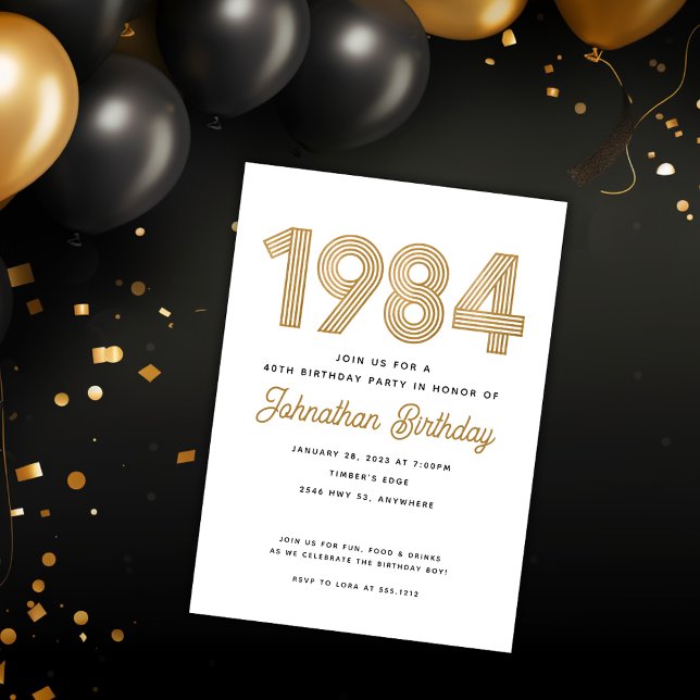 1984 White Black Gold 40th Birthday Invitation  (Creator Uploaded)