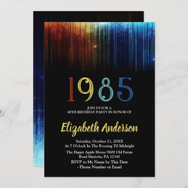 1985 Retro 40th Birthday Party Customisable Invitation (Front/Back)