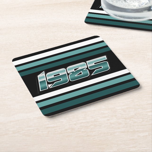 1985 Retro Stripe Teal  Square Paper Coaster (Angled)