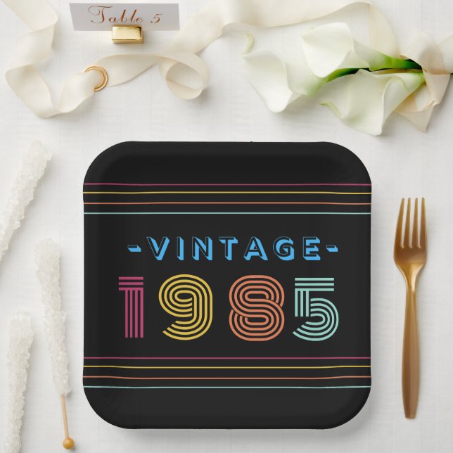 1985 Vintage Retro Stripe Neon Bright  Paper Plate (Wedding)