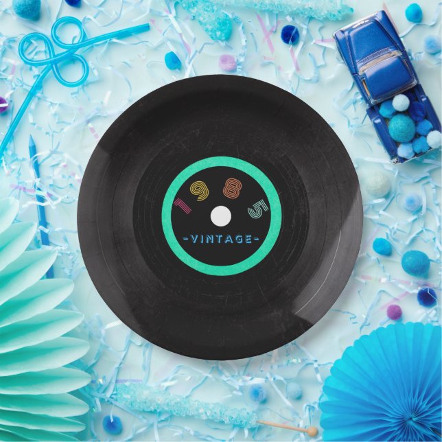 1985 Vintage Retro Stripe Neon Vinyl Record Paper Plate (Party)