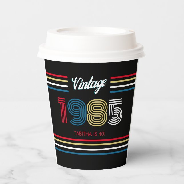 1985 Vintage Retro Stripe Primary Colours Paper Cups (Front)