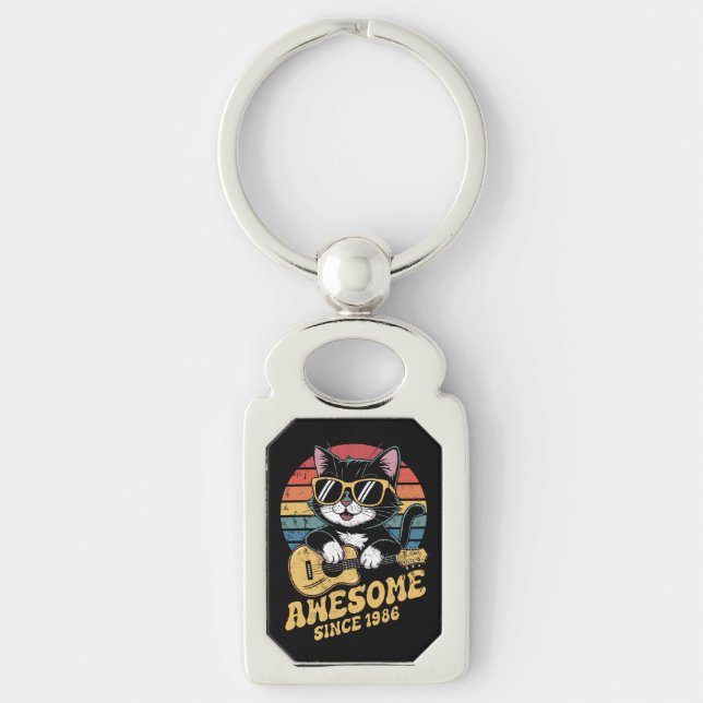 1986 Birthday Retro Cat Lover Ukulele 40th Bday Key Ring (Front)