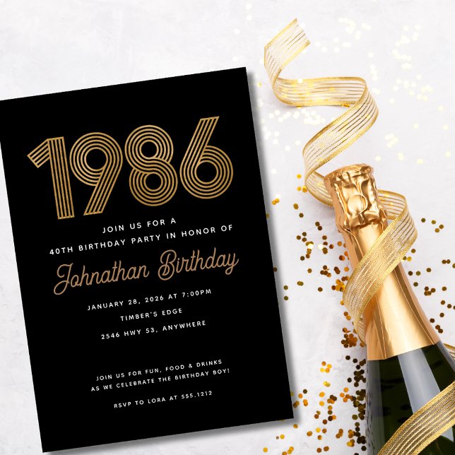 1986 Black and Gold 40th Birthday Invitation  (1986 Black and Gold 40th Birthday Invitation)