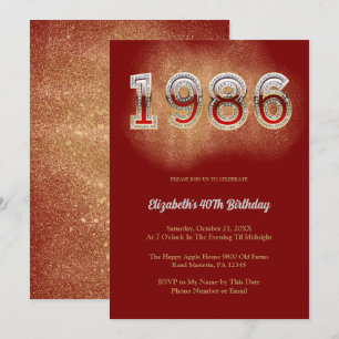 1986 Retro Vintage 40th Birthday Red Glitter Party Invitation