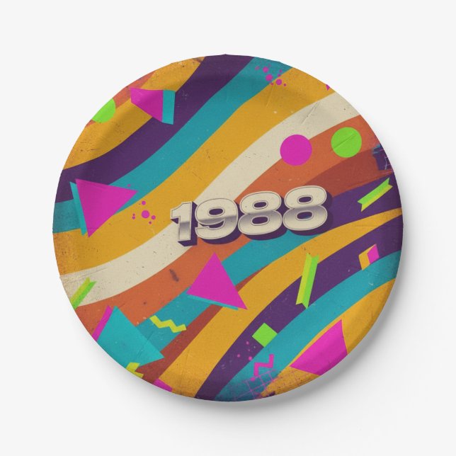 1988 - Retro Vintage 80s Neon Geometric - Paper Plate (Front)