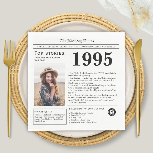 1995 Newspaper Birthday Trivia  Napkin (1995 Newspaper Birthday Trivia  Napkin at a table setting for 30th birthday party)