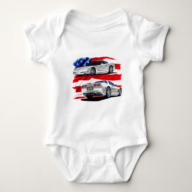 1999-04 Corvette White Car Baby Bodysuit (Front)