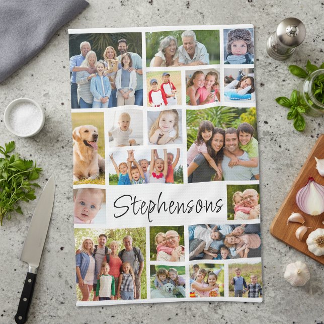 19 Photo Collage Modern Script Name Tea Towel (Creator Uploaded)