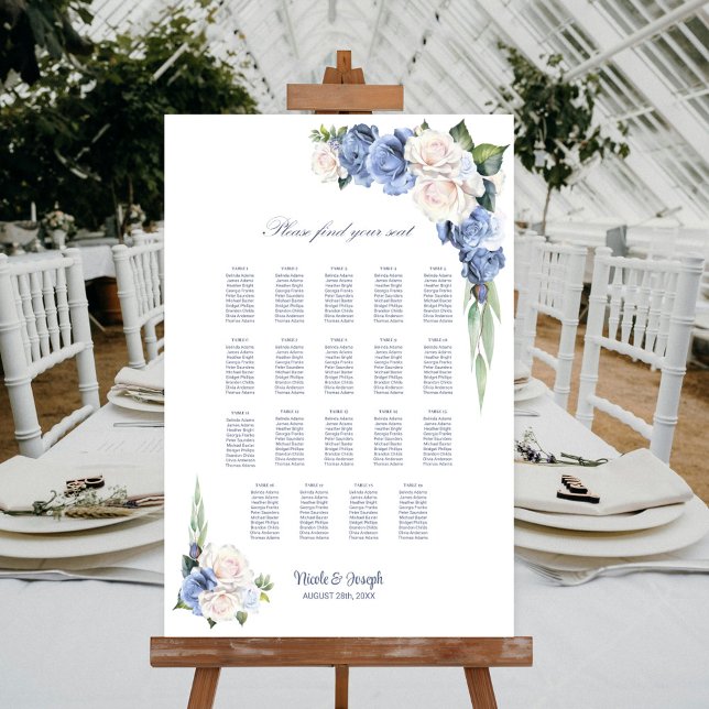 19 Table Blue White Rose Floral Seating Chart (Creator Uploaded)