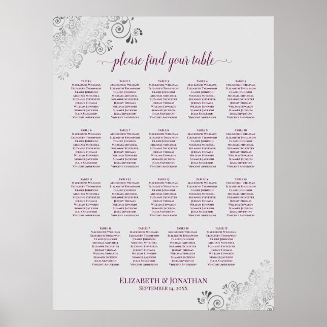 19 Table Cassis on Grey Wedding Seating Chart (Front)