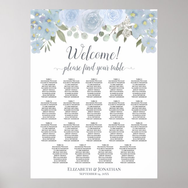 19 Table Dusty Blue Roses Boho Chic Seating Chart (Front)