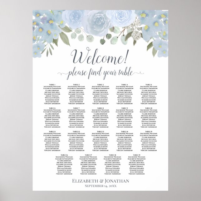 19 Table Dusty Blue Roses Boho Chic Seating Chart (Front)