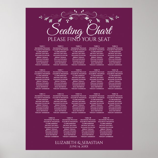 19 Table Elegant Cassis Wedding Seating Chart (Front)