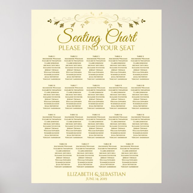 19 Table Elegant Gold Cream Wedding Seating Chart (Front)