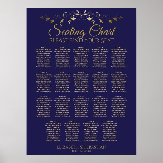 19 Table Elegant Gold & Navy Wedding Seating Chart (Front)