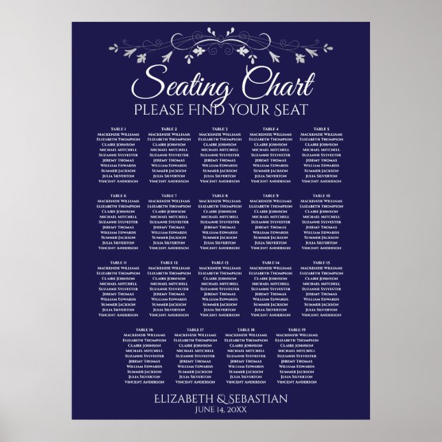 19 Table Elegant Navy Blue Wedding Seating Chart (Front)