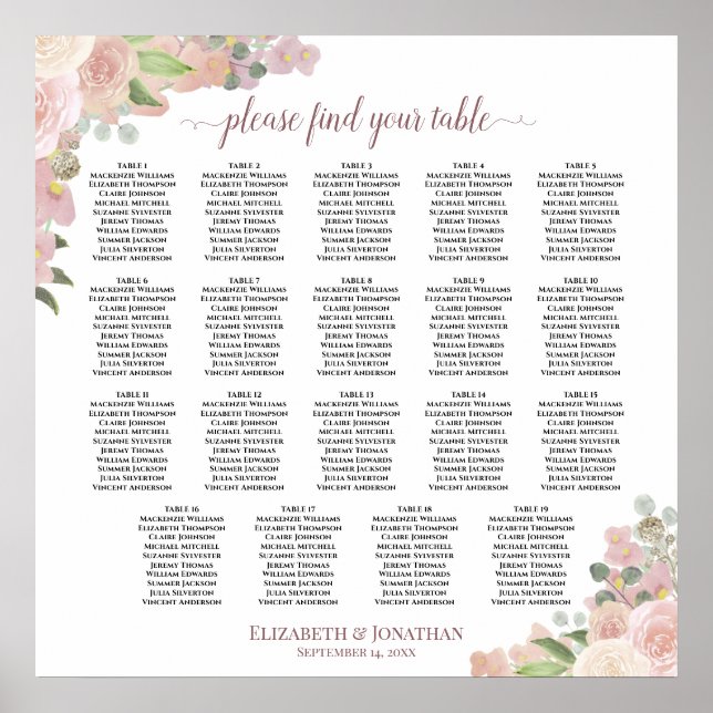 19 Table Elegant Pink Floral Wedding Seating Chart (Front)