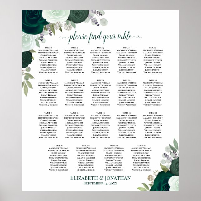 19 Table Emerald Floral Chic Wedding Seating Chart (Front)