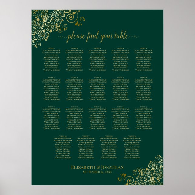 19 Table Emerald Green Gold Wedding Seating Chart (Front)