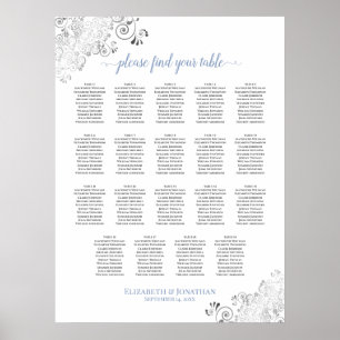 19 Table Frilly Wedding Seating Chart White & Blue