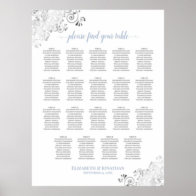 19 Table Frilly Wedding Seating Chart White & Blue (Front)