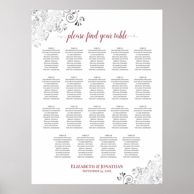 19 Table Frilly Wedding Seating Chart White & Red (Front)