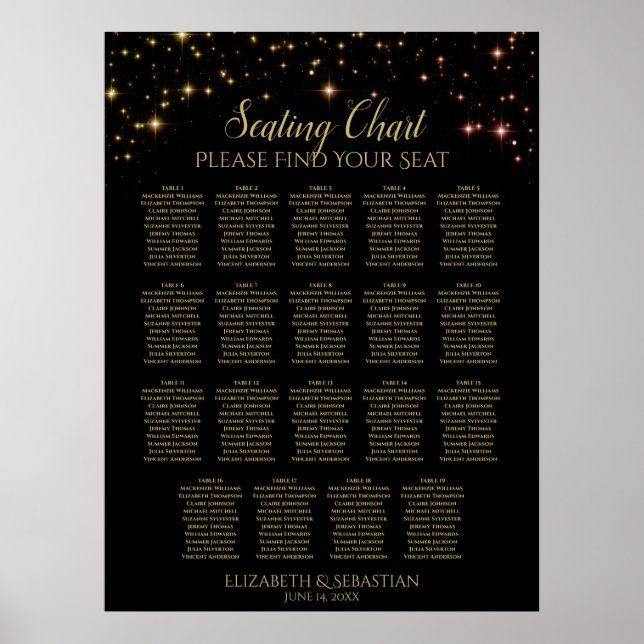 19 Table Gold Sparkles Black Wedding Seating Chart (Front)