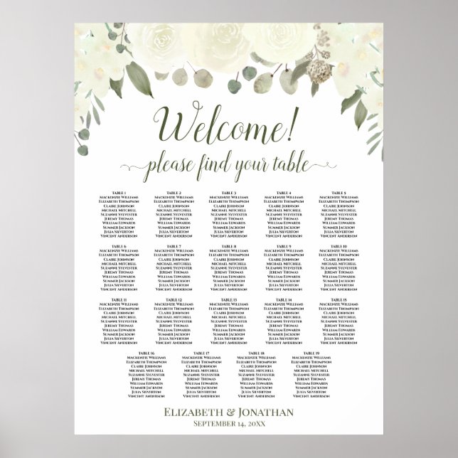 19 Table Ivory White Roses Wedding Seating Chart (Front)
