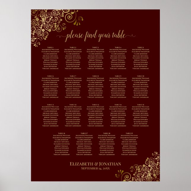 19 Table Lacy Gold Burgundy Wedding Seating Chart (Front)