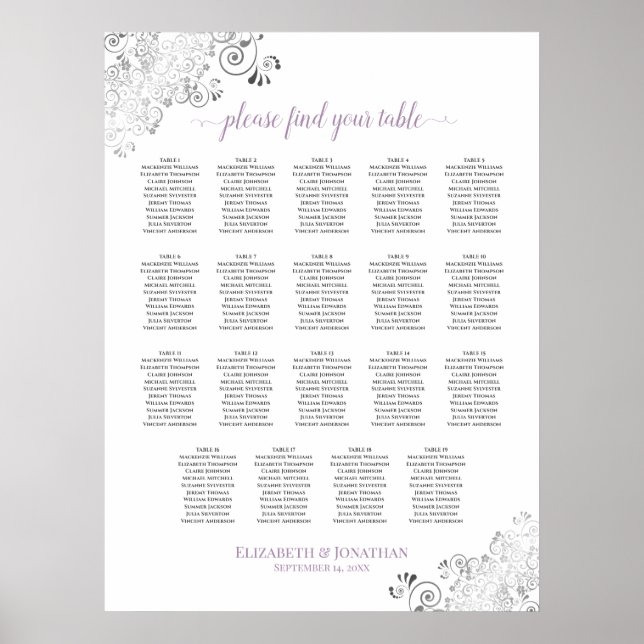 19 Table Lacy Wedding Seating Chart White Lavender (Front)