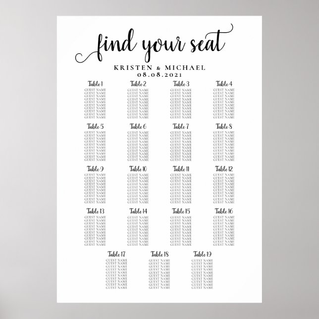 19 Table Large Wedding Guest Seating Chart (Front)