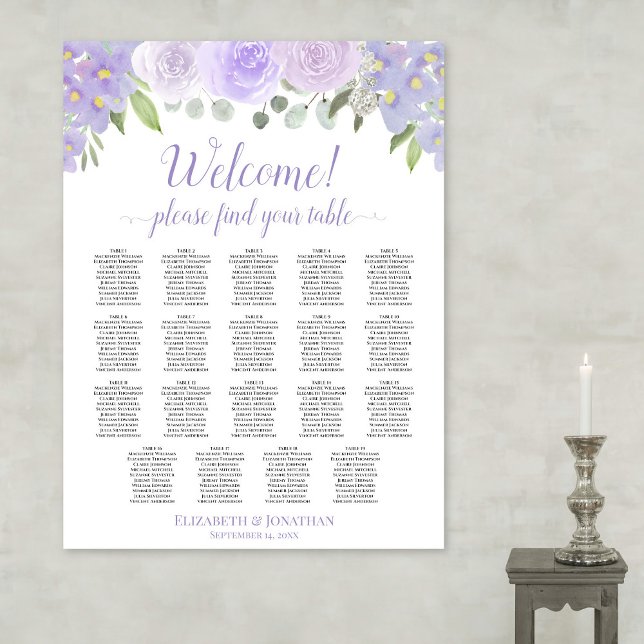 19 Table Lavender Floral Wedding Seating Chart (In Situ on Wall)