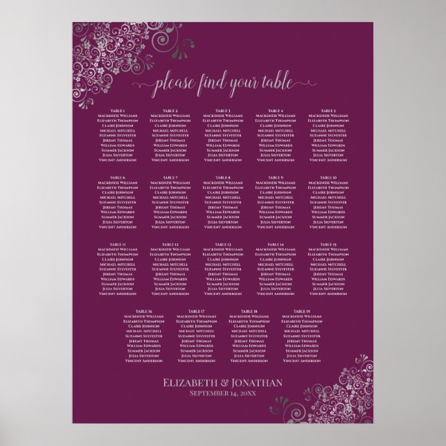 19 Table Magenta Plum & Silver Posh Seating Chart (Front)