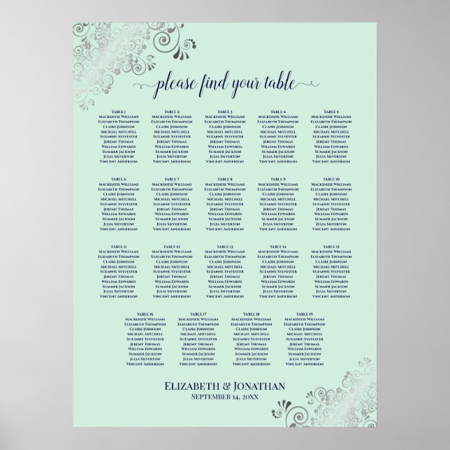 19 Table Mint Green & Navy Wedding Seating Chart (Front)