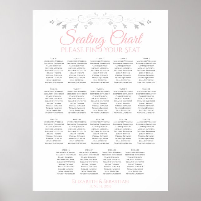 19 Table Pink & Grey Wedding Seating Chart (Front)