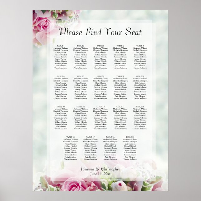 19 Table Pink Roses Peonies Wedding Seating Chart (Front)