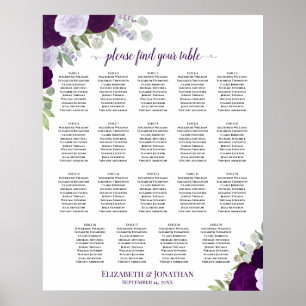 19 Table Purple Floral Chic Wedding Seating Chart