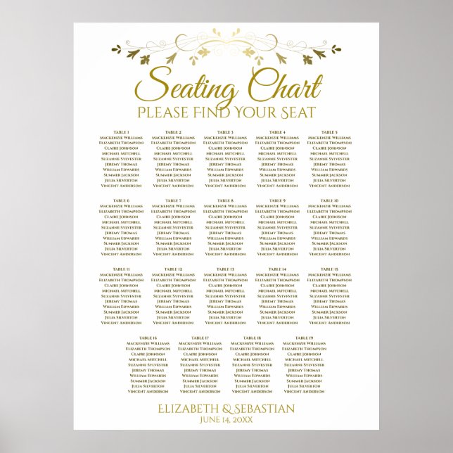 19 Table Simple Elegant Gold Wedding Seating Chart (Front)