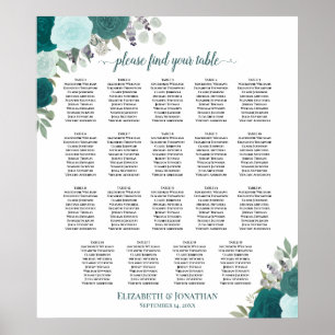 19 Table Teal & Aqua Floral Wedding Seating Chart