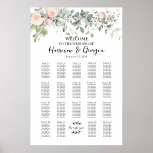 19 tables greenery & roses wedding seating chart