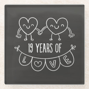 19th Anniversary Gift Chalk Hearts Glass Coaster