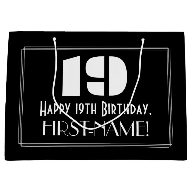 19th Birthday ~ Art Deco Inspired Look "19" + Name Large Gift Bag (Front)